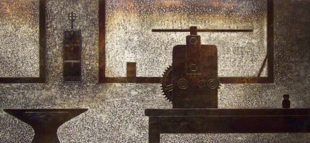 1.Komposisjon med ambolt og valse, 2011, 40 x 86 x 0,6 cm, oljebrent, slipt og anløpt stål