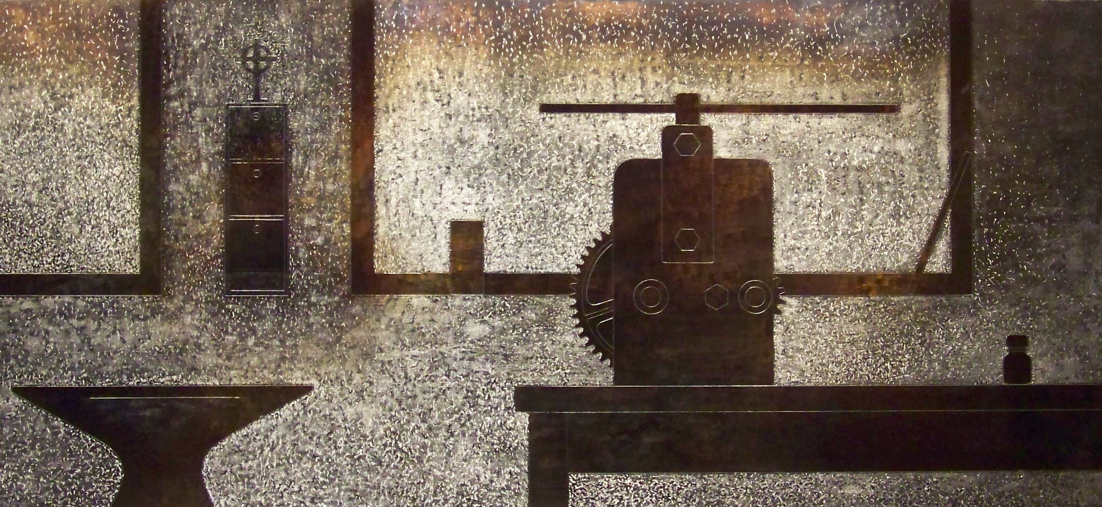 1.Komposisjon med ambolt og valse, 2011, 40 x 86 x 0,6 cm, oljebrent, slipt og anløpt stål