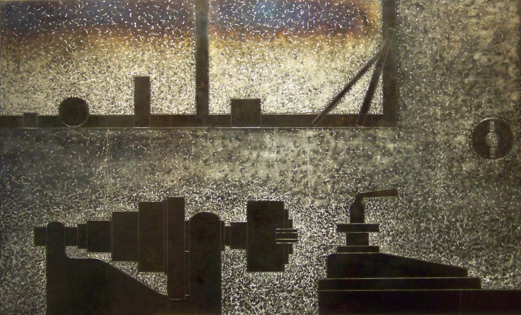 2.Komposisjon med dreiebenk, 2011, 40 x 66 x 0,6 cm, oljebrent, slipt og anløpt stål