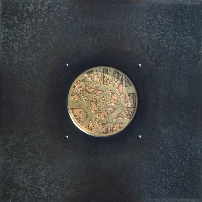 12.Komposisjon, 1999, 40 x 40 x 1 cm, anloept staal og etsa massing